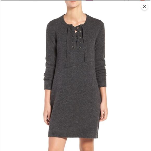MADEWELL Lace Up Marino Wool Sweater Dress Womans Large Gray Cozy Chic - Picture 1 of 11